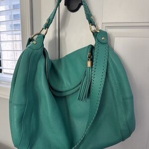 Onna Ehrilich Turquoise Shoulder Bag Pebble Leather Gold Hardware Zip Tassel